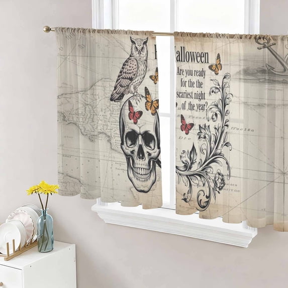 Vintage Skeleton Sheer Curtains 54 Inch Length 2 Panels Set - Light Filtering Window Treatments, Owls Butterfly Retro Art Rod Pocket Semi Curtains for Living Room/Bedroom/Kitchen Décor, 104"W x 54"L