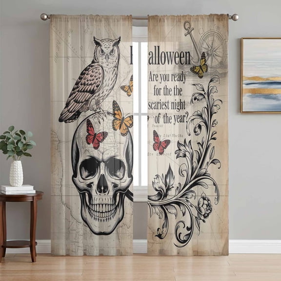 Vintage Skeleton Sheer Curtains 84 Inch Length 2 Panels Set, Owls Butterfly Retro Art Voile Window Treatment Rod Pocket Curtains Sheers Drapes for Bedroom/Living Room/Kitchen 52"x84"x2