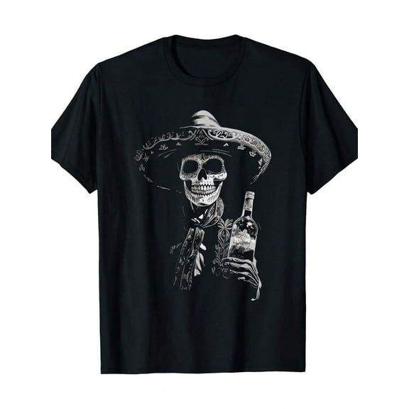 Vintage Skeleton Tequila Mexico Dia De Los Muertos Mexican T-Shirt, Men's Round Neck Comfortable Breathable T-Shirt, Suitable For Spring, Summer And Autumn, Daily Wear Tops T-Shirt