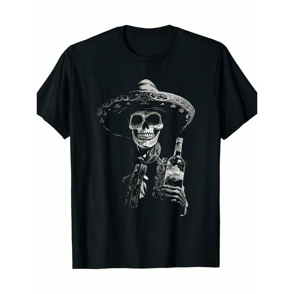 Vintage Skeleton Tequila Mexico Dia De Los Muertos Mexican T-Shirt, Men's Round Neck Comfortable Breathable T-Shirt, Suitable For Spring, Summer And Autumn, Daily Wear Tops T-Shirt