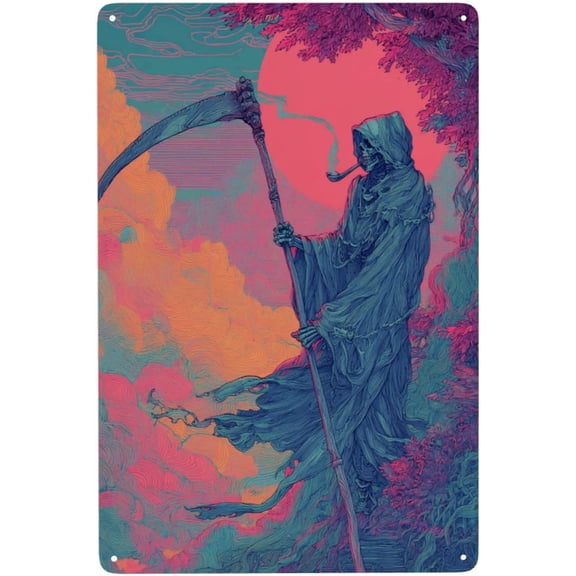 Vintage Skeleton With Scythe Tinplate Metal Wall Poster, Colorful Cosmic Landscape Decor, Easy to Hang, 8 x 12 Inch