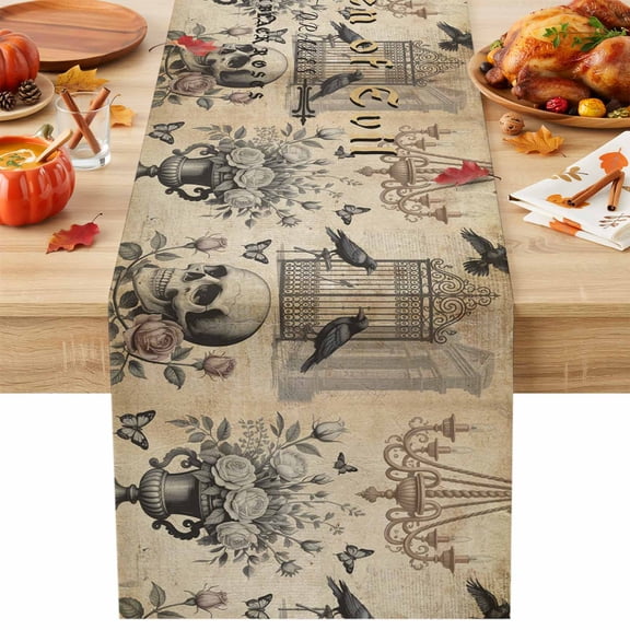 Vintage Skeletons Head Table Runner 13x36 Inch Crows Halloween Rose Flower Candle Holders Cotton Linen Dining Table Runner Ideal for Dresser Kitchen Coffee Tables - Machine Washable