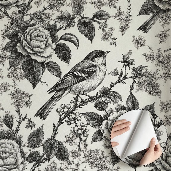 Vintage Sketch Bird Rose Floral Wallpaper, Rustic Farmhouse Peel and Stick Wallpaper Contact Paper Waterproof, Wall Decor Home Decor for Bedroom Room Cabinet Drawer Rental Property 17.7 * 118 in