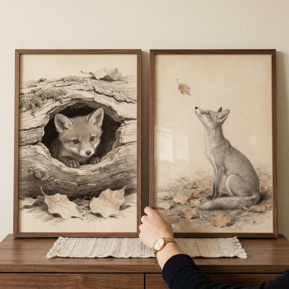 Vintage Sketch Fox Wall Art Set of 2 Woodland Nursery Decor Rustic Wildlife Illustration Forest Animal Pencil Drawing Nature Art Print Set 2
