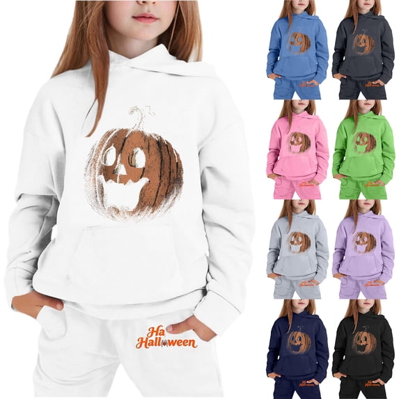 Vintage Sketch Jack-o-Lantern Kids Halloween 2 Piece Tracksuit, Stretch Polyester Hoodie Jogger Outfit for Boys Girls Autumn Casual Wear(White150)