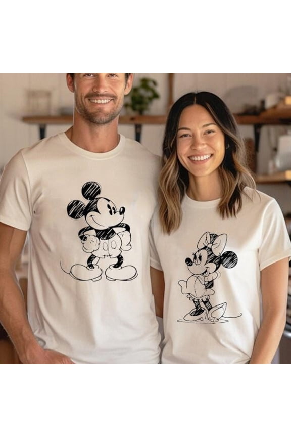 Vintage Sketch Male & Female Bowed Mouse T-Shirt for Family Theme Park Fun