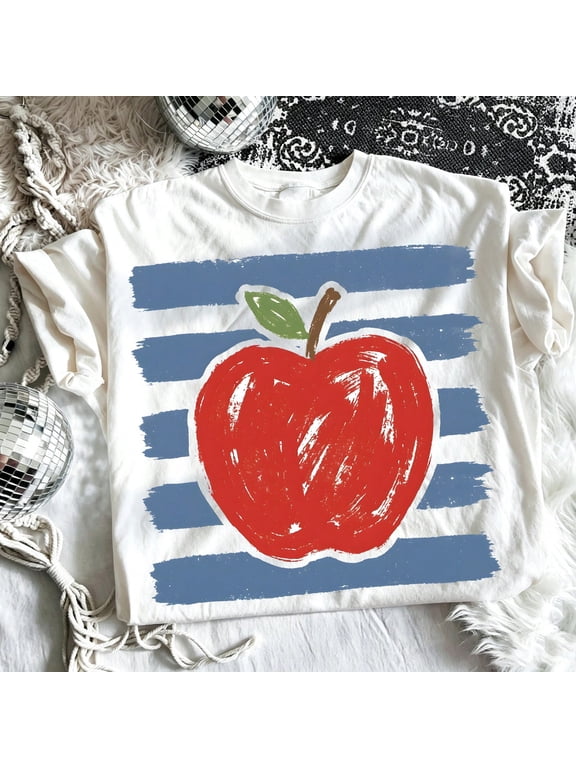 Vintage Sketch Red Apple Stripe Graphic Tee Women Casual