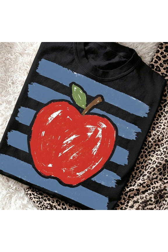Vintage Sketch Red Apple Stripe Graphic Tee Women Casual