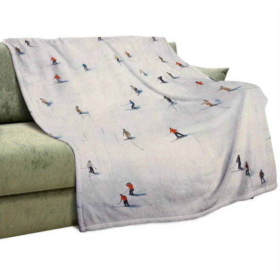 Vintage Ski Flannel Throw Blanket - Soft Warm Knit Weave with Colorful Figures, All-Season Couch Sofa Bed Blanket, 280GSM