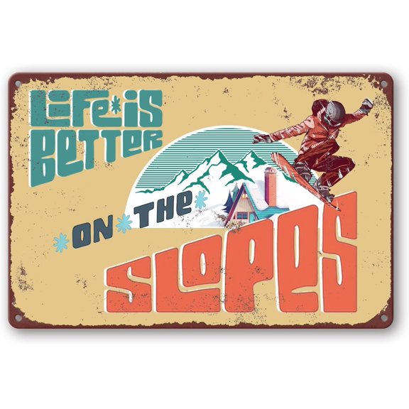 Vintage Ski Metal Tin Sign, Ski Lodge and Mountain Home Wall Decor, 8 x 12 Inch