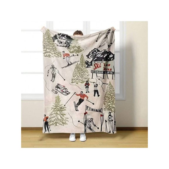 Vintage Ski Resort Flannel Blanket - Cozy All-Season Throw with Ski Lifts & Snowflakes Design, Perfect Gift for Ski Lovers, Home Decor, Travel, Camping,