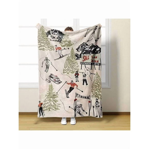 Vintage Ski Resort Flannel Blanket - Cozy All-Season Throw with Ski Lifts & Snowflakes Design, Perfect Gift for Ski Lovers, Home Decor, Travel, Camping,