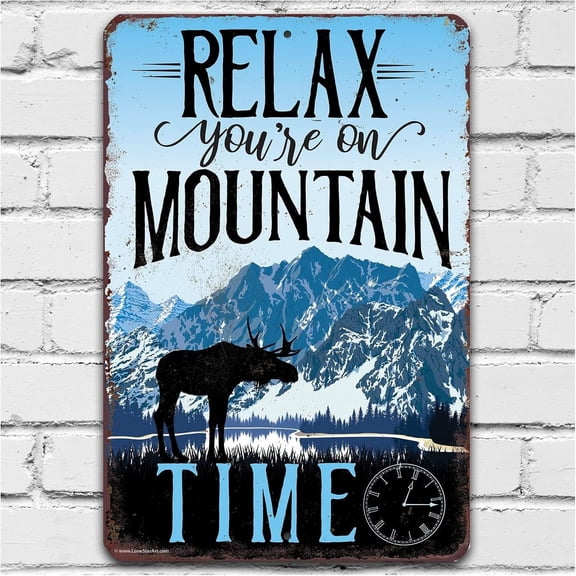 Vintage Ski Sign  Relax, Youre on Mountain Time Metal Wall Art, 8x12 Rustic Ski Lodge Decor for Cabin, Condo, or Chalet, Indoor/Outdoor Tin Sign, Gift for Ski and Mountain Lovers