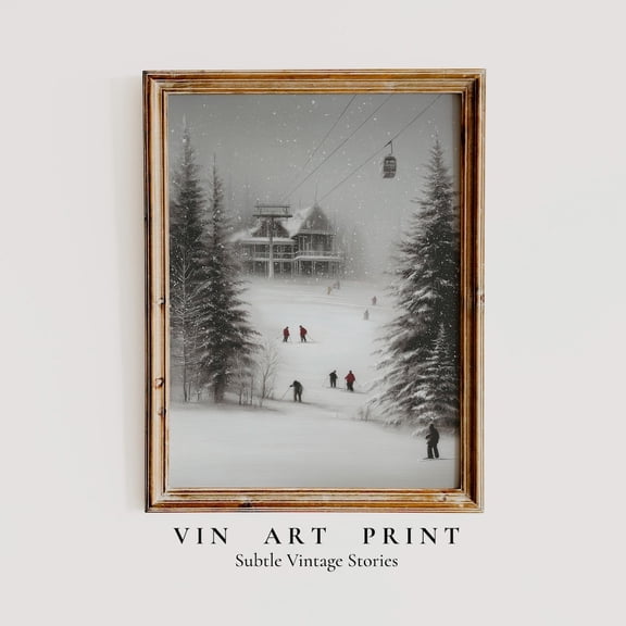 Vintage Skiers, Snowy Winter Sports Wall Art,Mountain Scene, Festive Winter Decor Home Decor #243, Unframed Poster Size 16x24