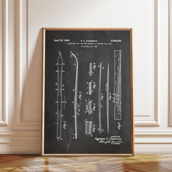 Vintage Skiing Decor For Cabin Or Lodge Skis Patent Blueprint Style Artwork Poster , Poster Print Only