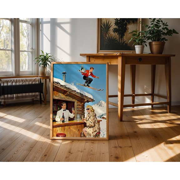Vintage Skiing Poster, Retro Alpine Bar Scene Wall Art – 8x12 UNFRAMED