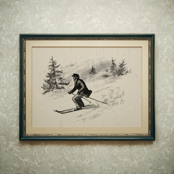 Vintage Skiing Print Winter Sports Wall Art Black And White Ski Sketch Rustic Ski Lodge Decor 32-12 Art