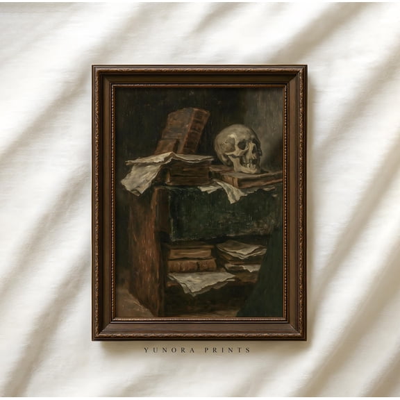 Vintage Skull And Books Poster, Dark Academia Creepy Still Life Illustration, Gothic Wall Art,, Unframed Poster Size 8x12