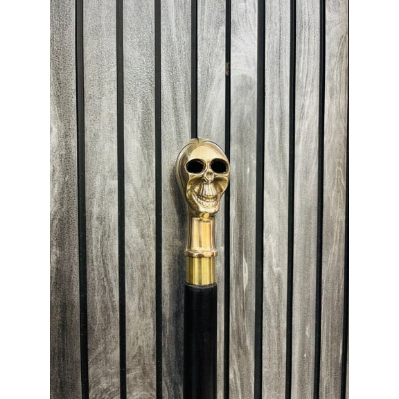 Vintage Skull Brass Handle Walking Stick with Wooden Shaft - Antique Style Walking Cane for Men & Women, Collectible Fashion & Gothic Gift Item