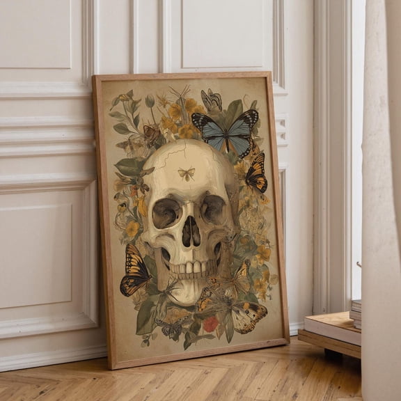 Vintage Skull Butterfly Botanical Dark Academia Sepia Nature Graphic Poster Unframed Paper Print
