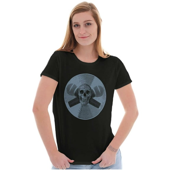 Vintage Skull Cross Mics Vinyl Womens Slim Fit Graphic Tee Brisco Brands S