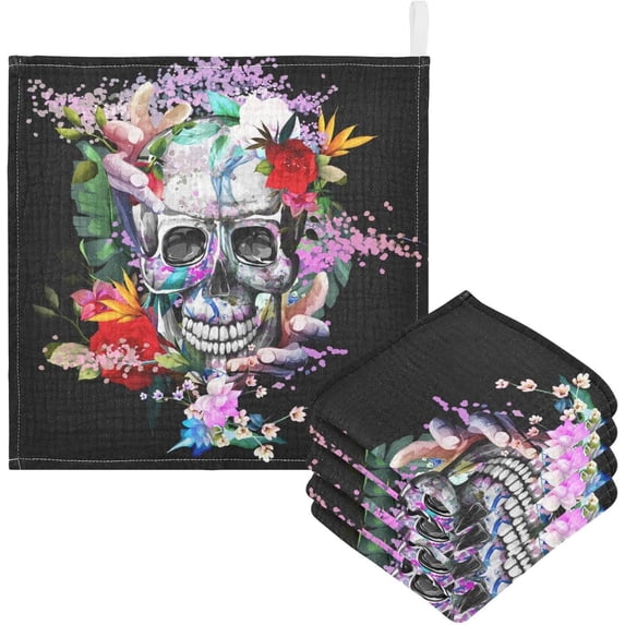 Vintage Skull Floral Baby Muslin Washcloths Soft Absorbent Face Towel, Spring Colorful Flowers Burp Cloths Cotton Bath Wipes 5 PCS Infant Wash Cloth for Newborn Boys Girls 12x12 inches