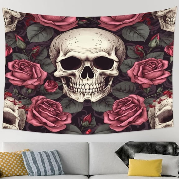 Vintage Skull Floral Ghosts Halloween Gothic Tapestry Wall Hanging Wall Nature Tapestry For Bedroom Aesthetic Home Wall Dorm Decor 90x60in