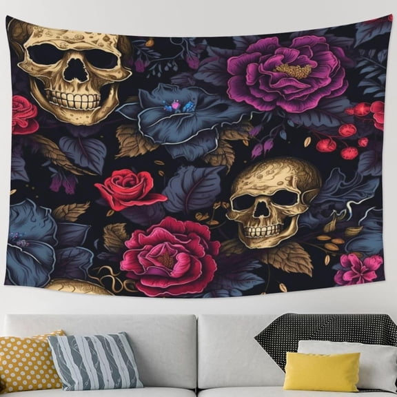 Vintage Skull Floral Ghosts Halloween Gothic Tapestry Wall Hanging Wall Nature Tapestry For Bedroom Aesthetic Home Wall Dorm Decor 90x60in