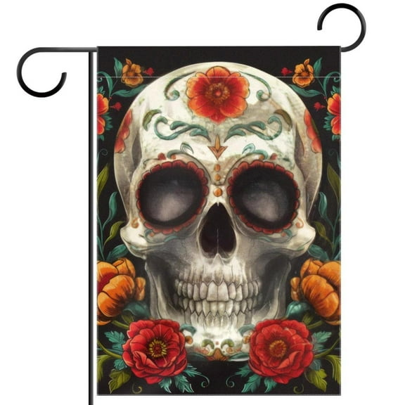 Vintage Skull and Flowers Day of the Dead Decorative Garden Flag for All Seasons, 12 x 18 Inch Small Vertical Double Sided Outside Decoration for Yard Farmhouse