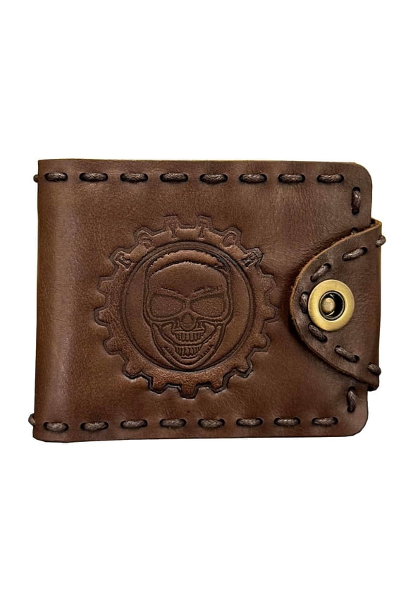 Vintage Skull Gear Wallet Mens Real Leather Bifold Purse Brown