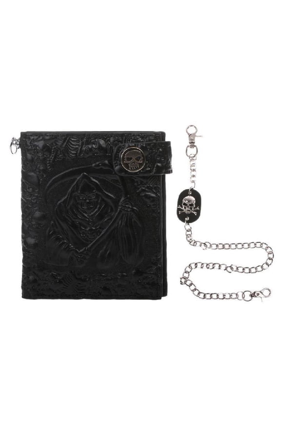 Vintage Skull Leather Wallet With Anti Theft Chain Men Bifold ID Credit Card Ho