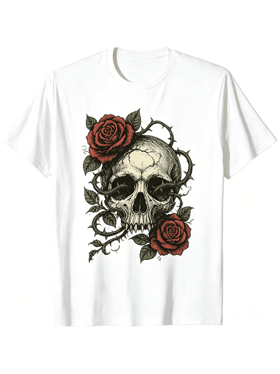 Vintage Skull Red Rose Thorn Vine Graphic T-Shirt Gothic Tattoo Style Floral Skull Retro Art Crew Neck Short Sleeve Cotton Tee for Men Women