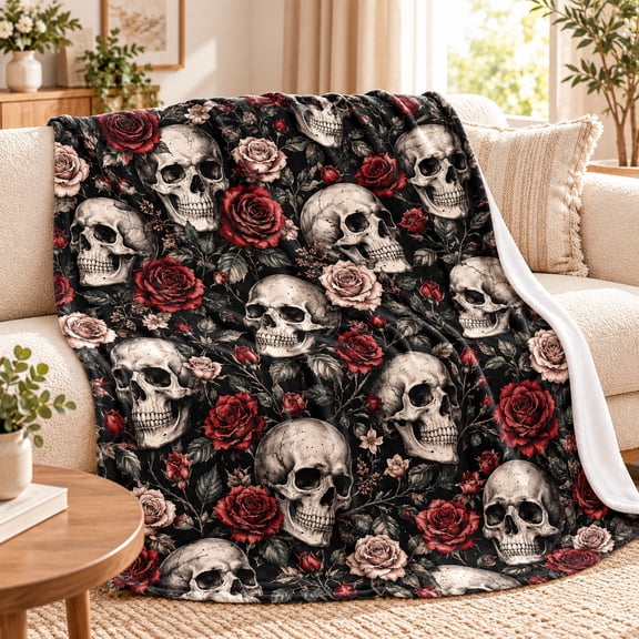 Vintage Skull Rose Blanket, Black Flannel Throw with Ivory Skulls, Deep Red Roses and Botanical Pattern for Couch, Bed, Reading and Travel Use, 30 x 40 in