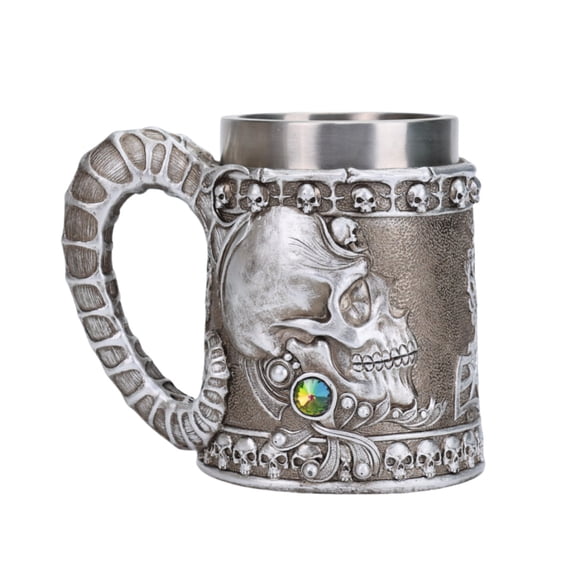 Vintage Skull Stein Mug - 16oz Stainless Steel Resin Beer Mug with 3D Gothic Skull Carving, Pirate Style Drinking Cup for Halloween, Bar Decor, Coffee & Beer Lovers