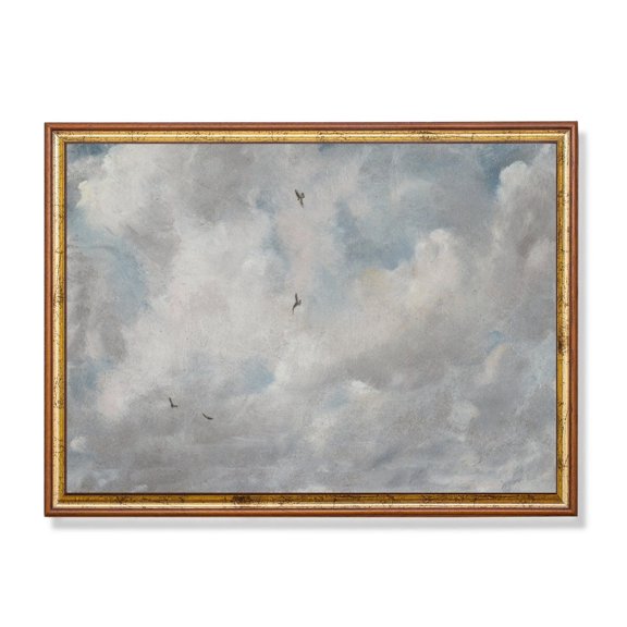 Vintage Sky And Birds Poster Cloud Study, Pastel Landscape Poster UNFRAMED PAPER POSTER