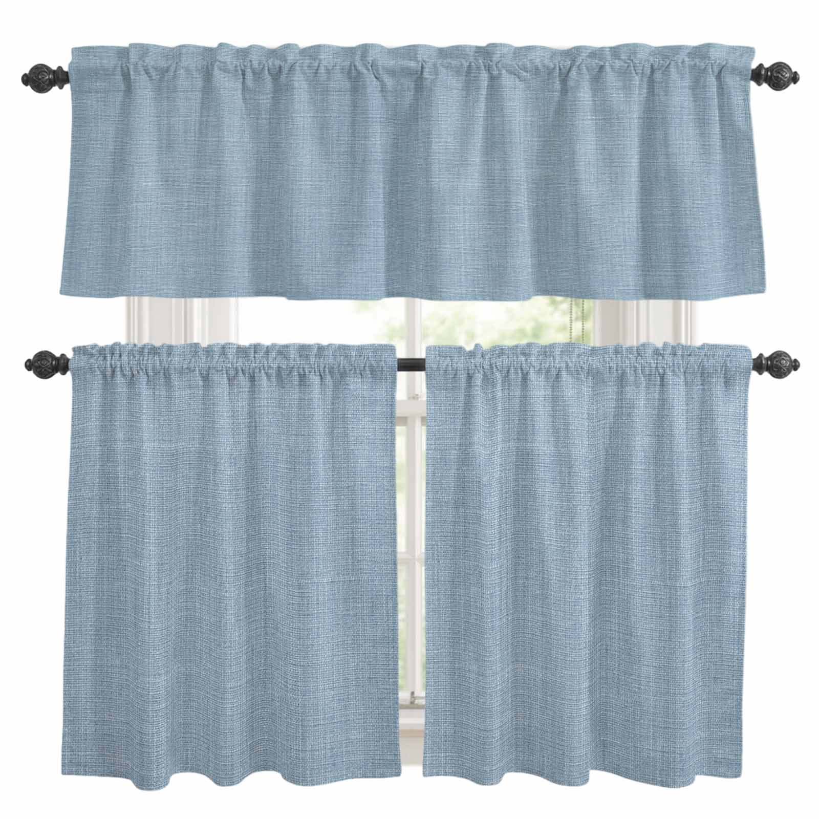 Vintage Sky Blue Kitchen Curtains Sets for Windows 24 Inch Length, Farmhouse Retro Solid Color Linen Texture Rod Pocket Window Treatments Tier Curtains and Valances Set for Bedroom/Bathroom