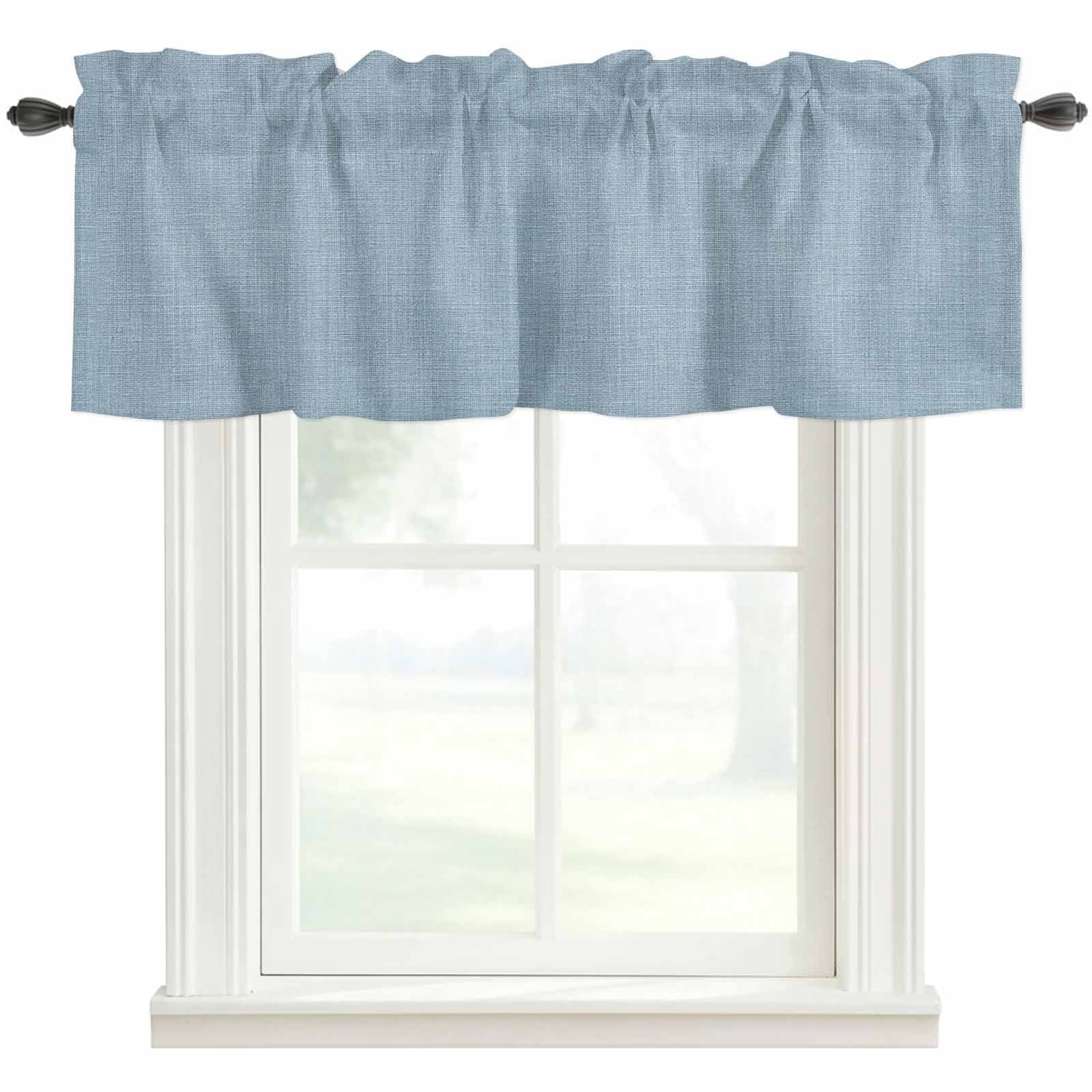 Vintage Sky Blue Rod Pocket Curtain Valance, Farmhouse Retro Solid Color Linen Texture Farmhouse Window Valance for Living Room, Bedroom, Kitchen 42"W x 12"L