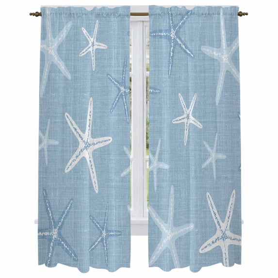 Vintage Sky Blue Starfish Kitchen Curtain for Berdoom Living Room Cafe 72 Inch Length, Summer Coastal Beach Marine Life Tiers Curtains Light Filtering Drapes Window Treatment 2 Panels 52"Wx72"L