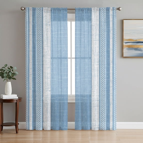 Vintage Sky Blue Striped Sheer Curtains 84 Inches Long, Farmhouse Modern Stripes Boho Texture Light Filtering Window Curtains for Living Room, Rod Pocket Voile Chiffon Drapes, 52"W x 84"L, 2 Panels