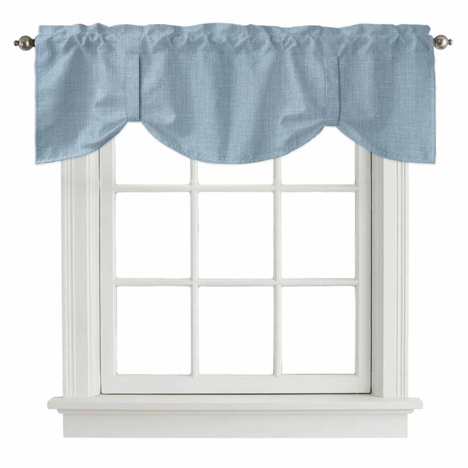 Vintage Sky Blue Tie Up Valance Curtains for Windows, Kitchen Curtains Window Treatments, Farmhouse Retro Solid Color Linen Texture Short Window Shades Valances for Bedroom Bathroom Cafe 54"x18"