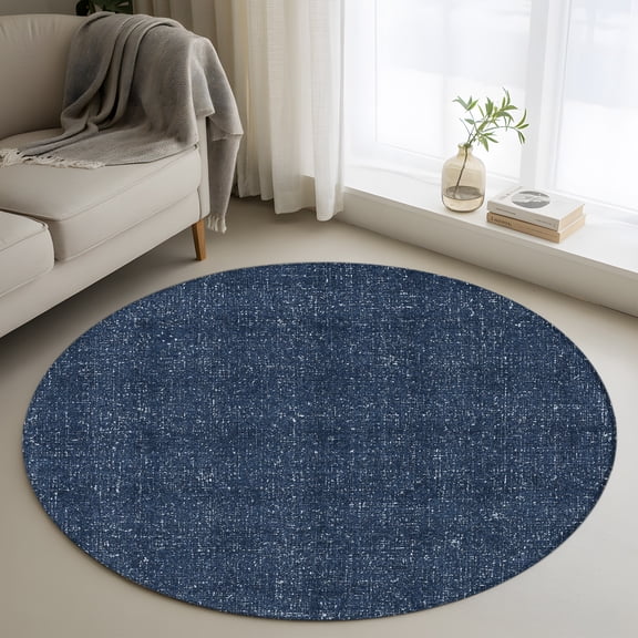 Vintage Slate Blue 4FT Round Area Rugs Rustic Navy Blue Solid Background Linen Texture Soft Small Round Rug Non-Slip, Ultra-Thin Circle Carpet for Bedroom Entryway Kitchen Bathroom