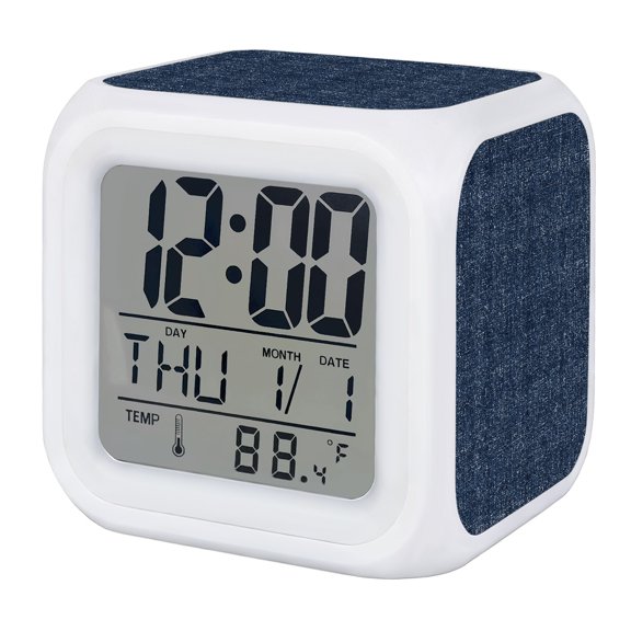 Vintage Slate Blue Alarm Clock, Rustic Navy Blue Solid Background Linen Texture Digital Clock Night Light with 7 Color, Calendar Temperature Display, LED Desk Small Clock for Bedrooms Living Room