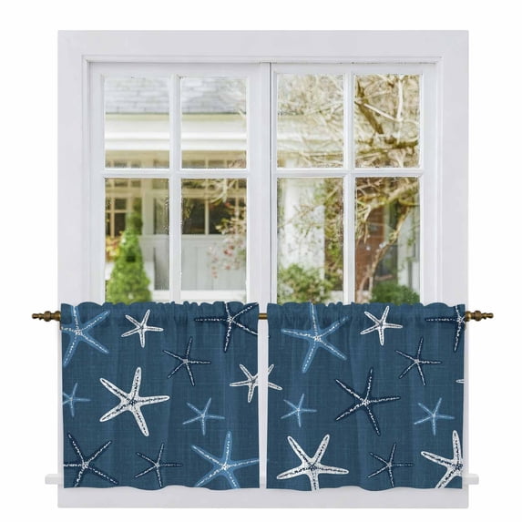 Vintage Slate Blue Starfish Tier Curtains 24 Inch Length, Summer Coastal Beach Marine Life Cafe Curtains for Bathroom Over Sink, Small Kitchen Curtain Light Filtering Drapes 2 Panels 27.5"Wx24"L