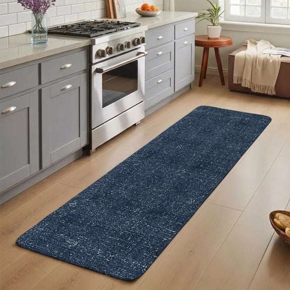 Vintage Slate Blue Washable Runner Rug 1.4x4 ft Rustic Navy Blue Solid Background Linen Texture Non-Slip Hallway Runner Rug, Linen Kitchen Runner Mats, Indoor Floor Carpet for Bathroom Bedroom