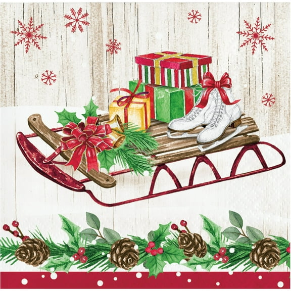 Vintage Sled Christmas Beverage Napkins 16 Ct