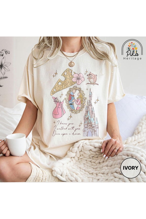 Vintage Sleeping Beauty Watercolor Comfort Color T-Shirt, Aurora Once Upon A Dream, Disney Vacation, Princess Castle Graphic Tee,Ivory color,size L