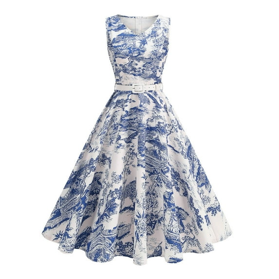 Vintage Sleeveless Dress for Women 1950s Floral A-Line Retro Cocktail Party Swing Dress with Belt