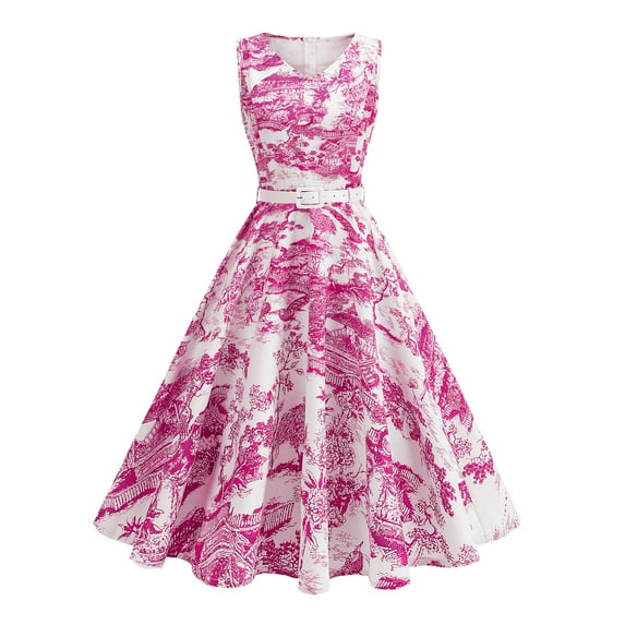 Vintage Sleeveless Dress for Women 1950s Floral A-Line Retro Cocktail Party Swing Dress with Belt