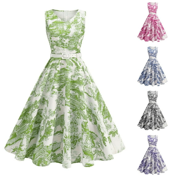 Vintage Sleeveless Dress for Women 1950s Floral A-Line Retro Cocktail Party Swing Dress with Belt