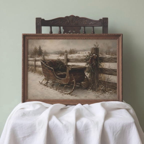 Vintage Sleigh Wall Art | Rustic Christmas Decor | Antique Wooden Sleigh Print | Snowy Farmhouse Winter Painting | Christmas Wall Art